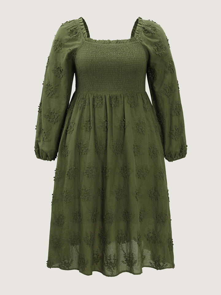 Textured Embroidery Shirred Square Neckline Midi Dress