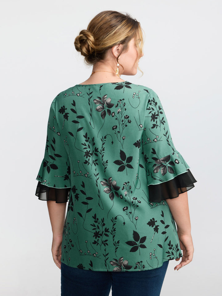 Floral Print Ruffled V-Neck Shirt