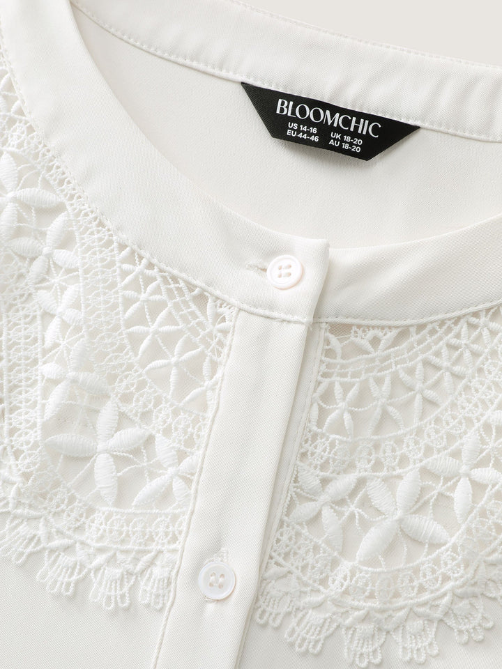 Sheer Neckline Ruffled Cuff Sleeve Blouse