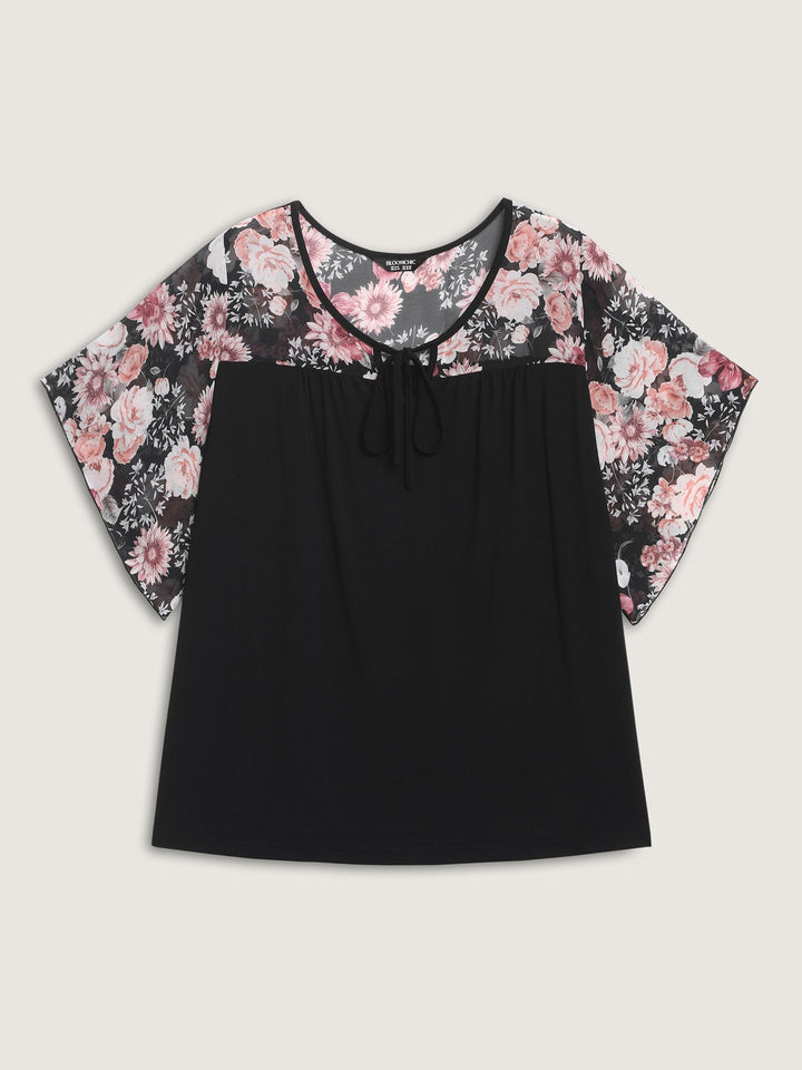 Supersoft Floral Ruffled Sleeve Neck Tie Knit Top