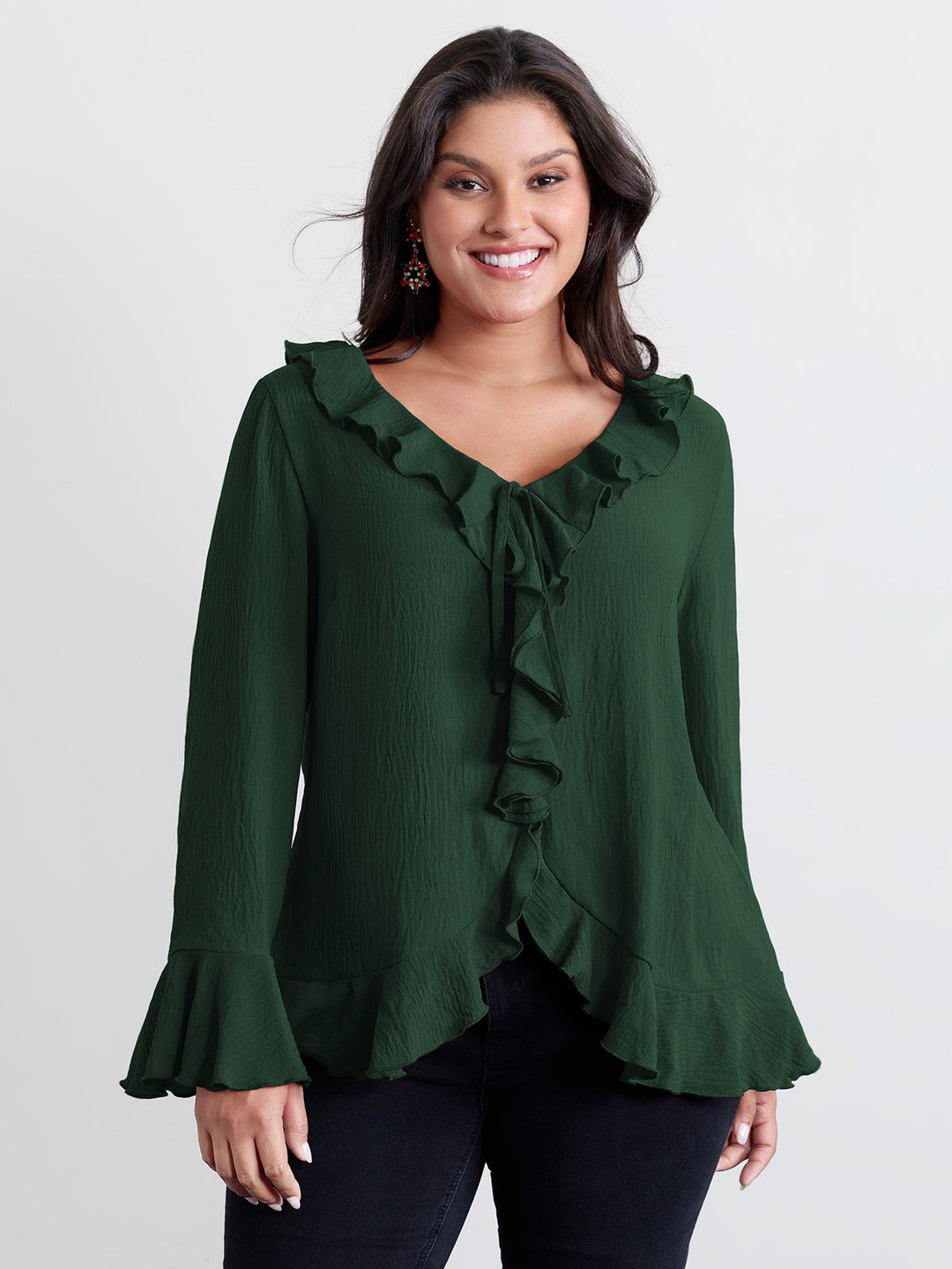 Ruffled V-Neck Curvy Edge Blouse