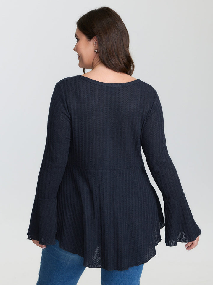 Waffle Textured Lotuf Leaf Hem Knit Top