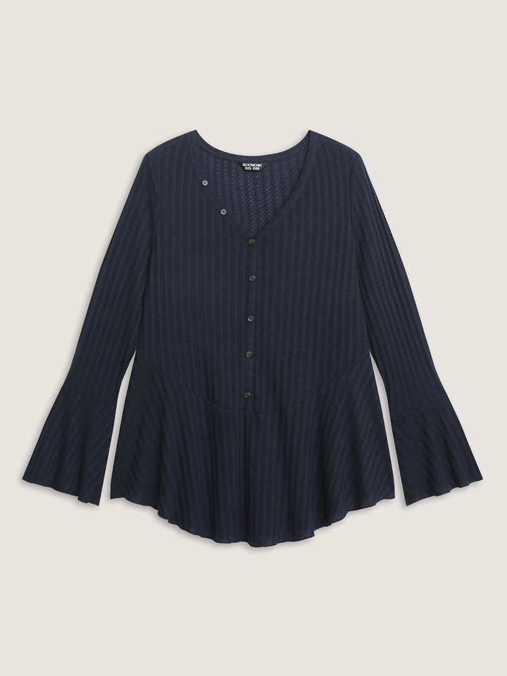 Waffle Textured Lotuf Leaf Hem Knit Top