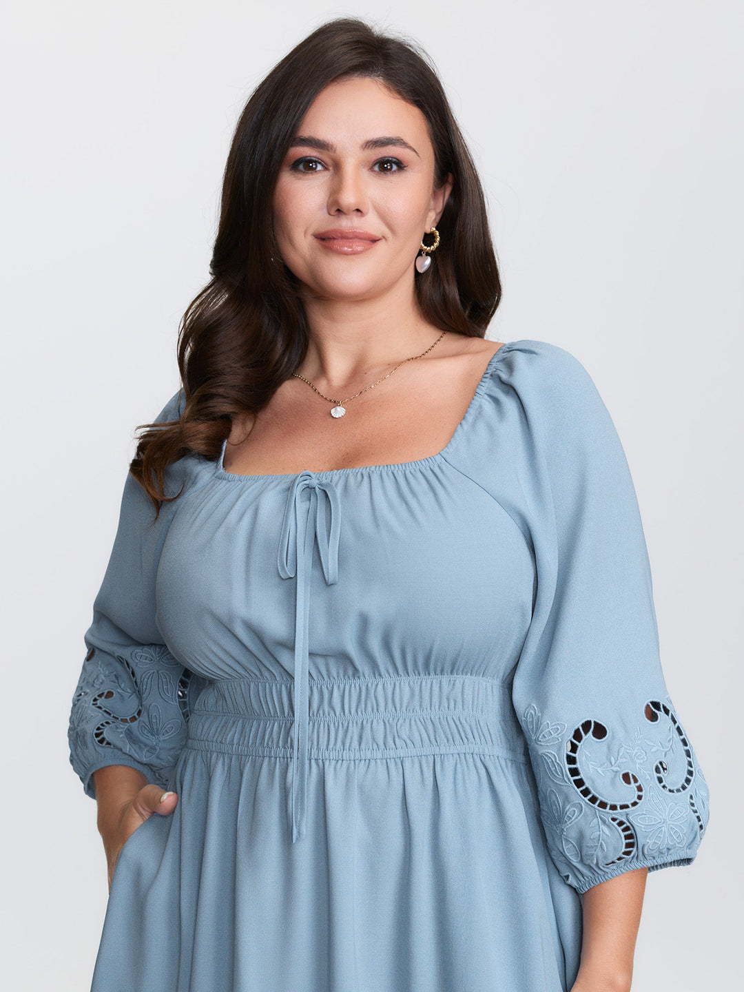 Floral Cut-Out Embroidery Stretchy Waist Midi Dress