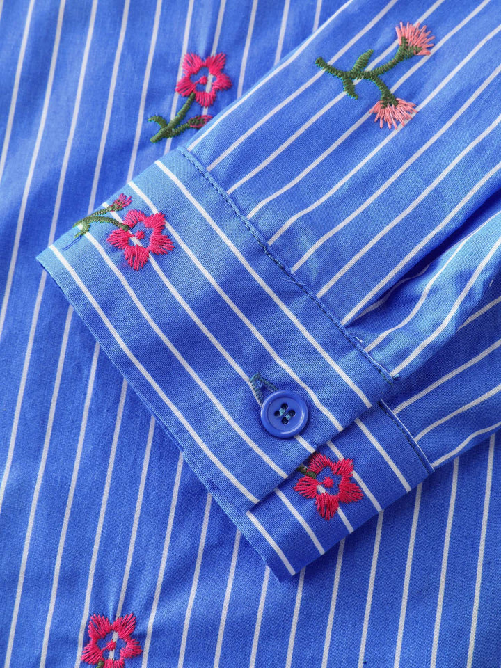 Floral Embroidered Striped Button-Down Shirt