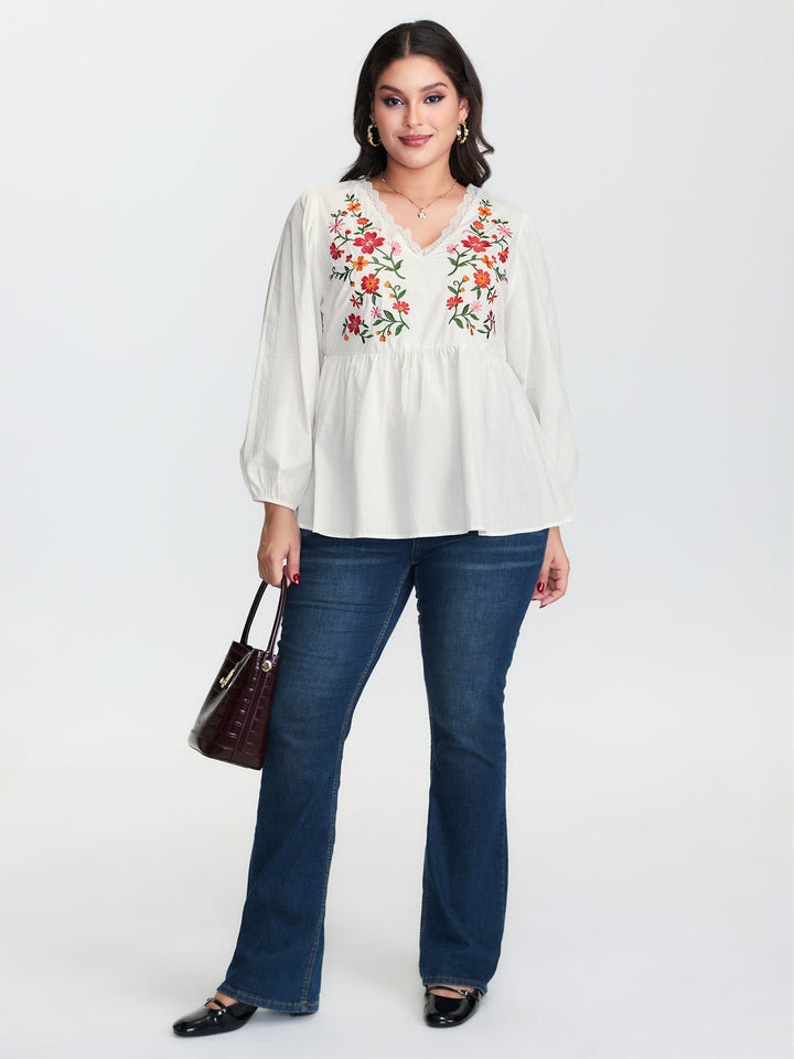 Floral Embroidered Lace Cinched Flared Blouse