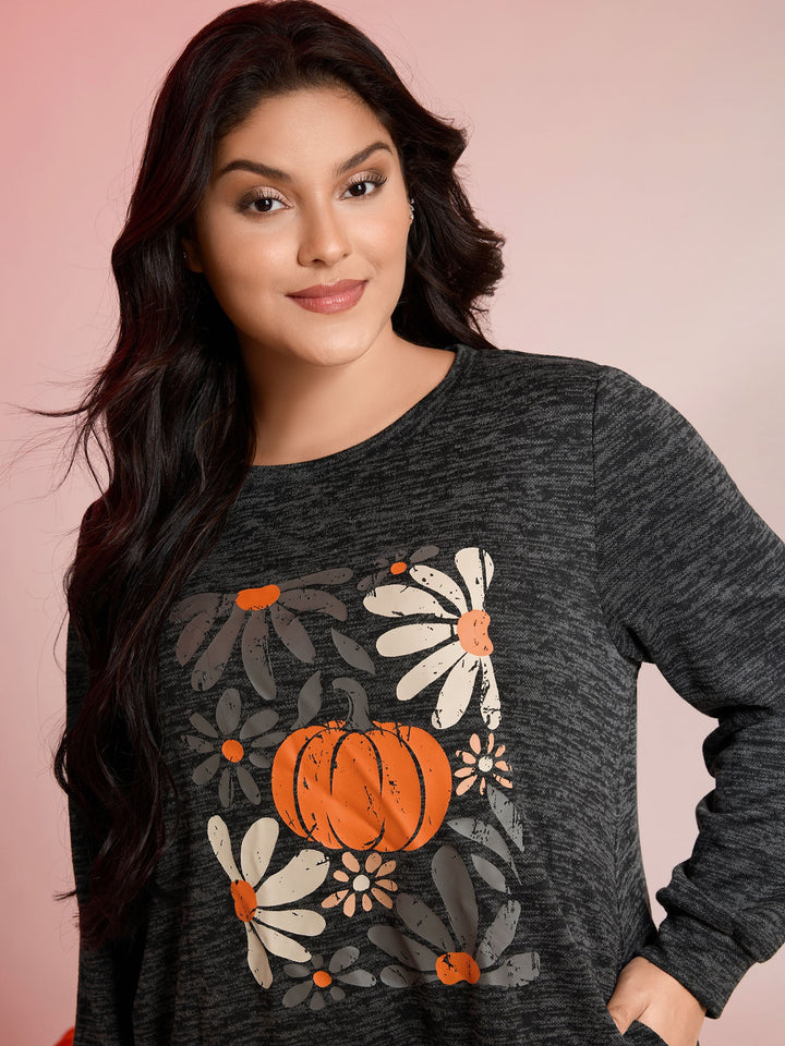 Halloween Pumpkin Floral Pockets Tunic Top