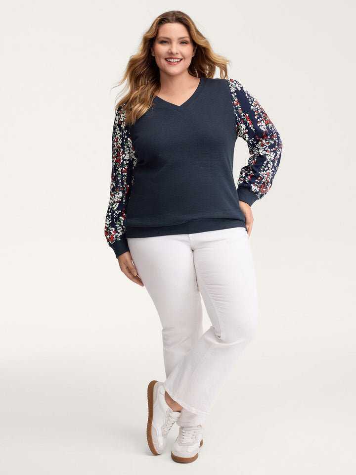 Textured Floral Sleeve V-Neck Sweatshirt