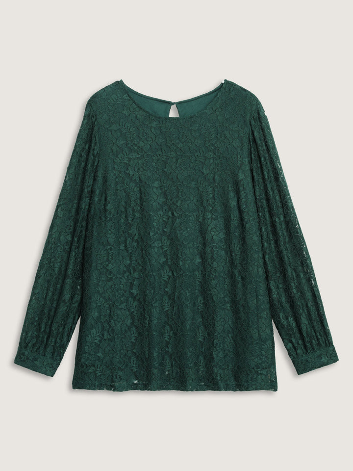 Solid Crochet Lace Mesh Crew Neck Blouse