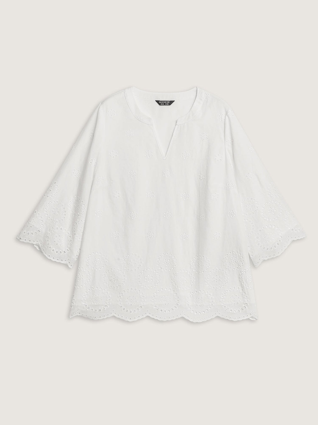 Floral Eyelet Trim Notched Collar Blouse