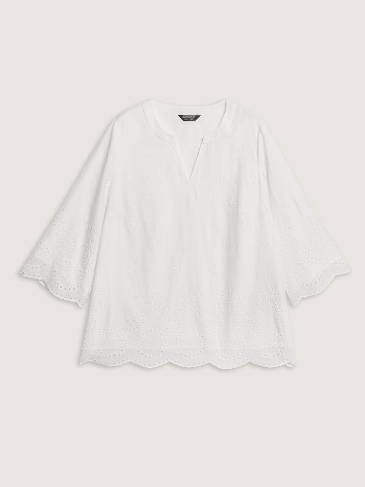 Floral Eyelet Trim Notched Collar Blouse