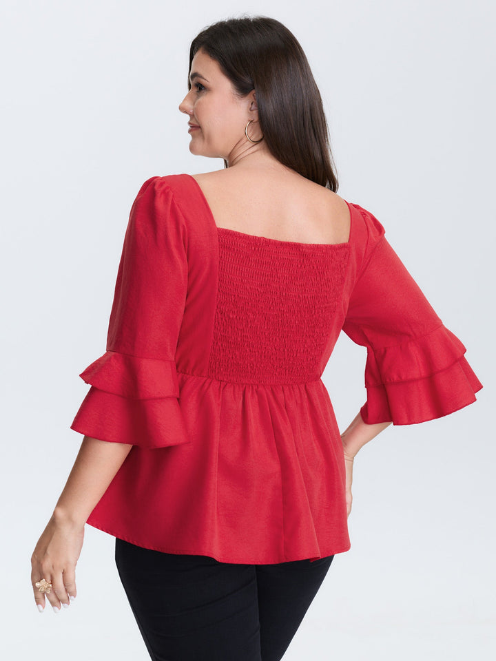 Lace Trim Shirred Back Flared Blouse
