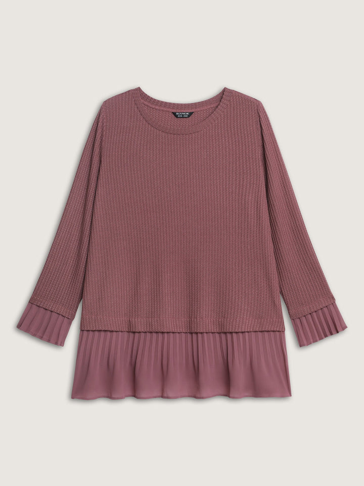 Waffle Chiffon Hem Crew Neck Top