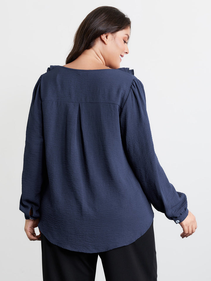 Ruffled Ribbon Neckline Pleated Blouse