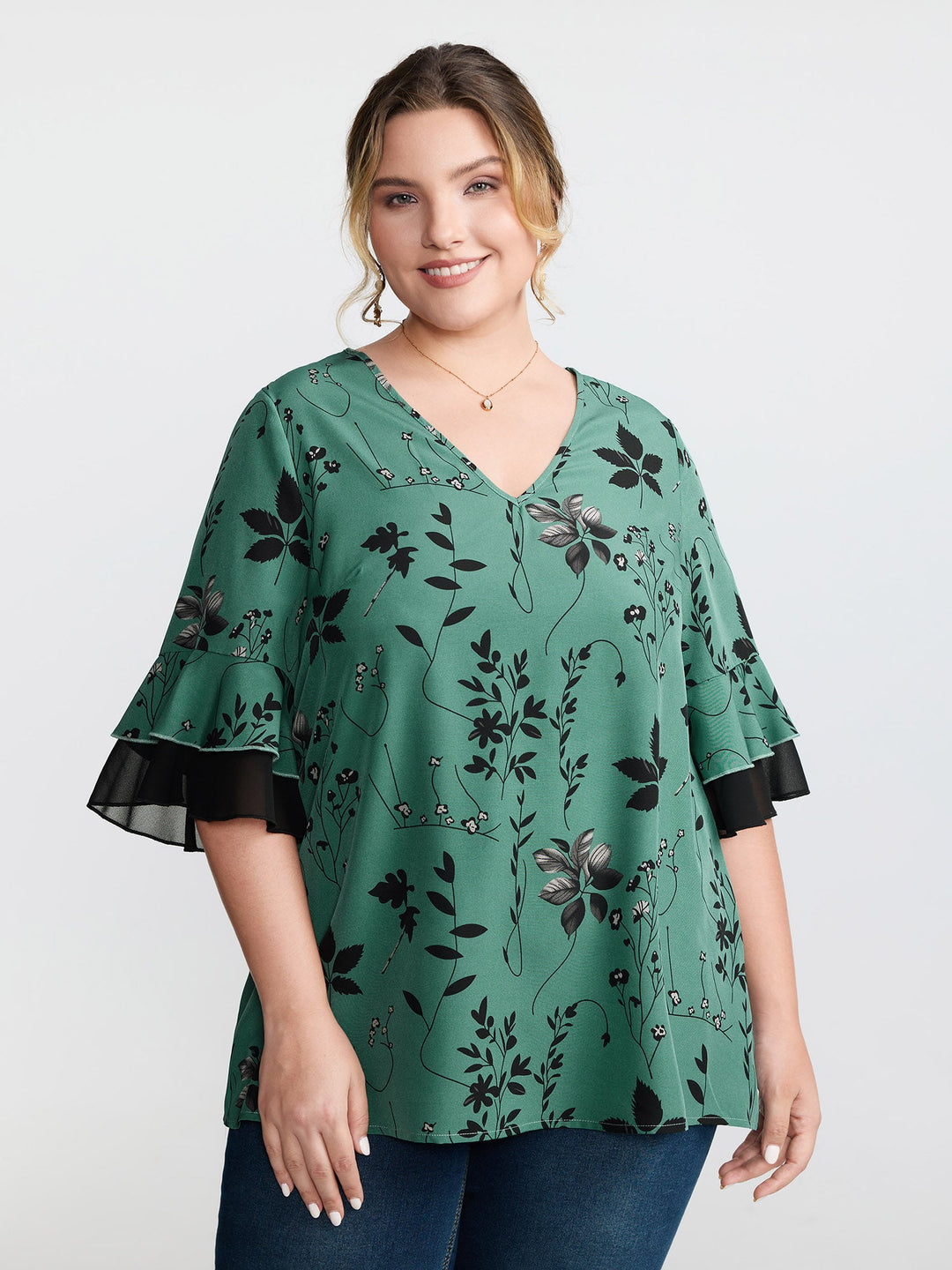 Floral Print Ruffled V-Neck Shirt