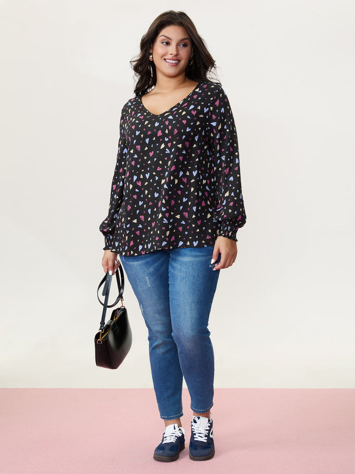 Colorful Heart Print V-Neck Blouse