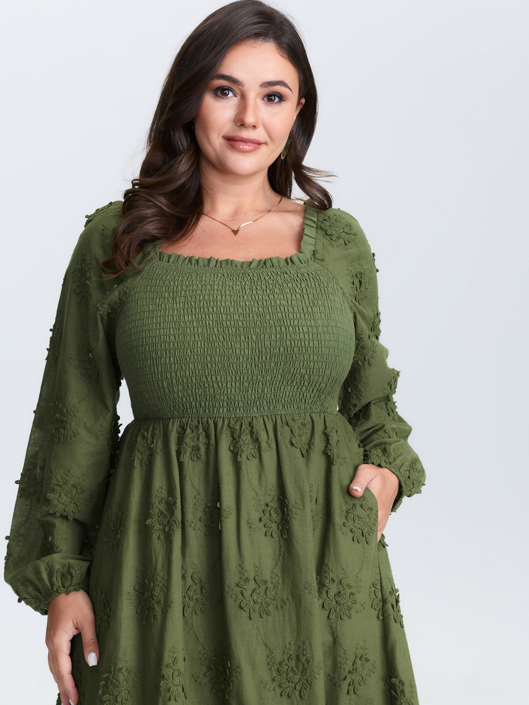 Textured Embroidery Shirred Square Neckline Midi Dress