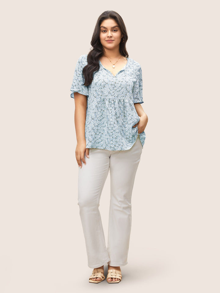 Ditsy Floral Ruffle Sleeve Gathered Ties Blouse