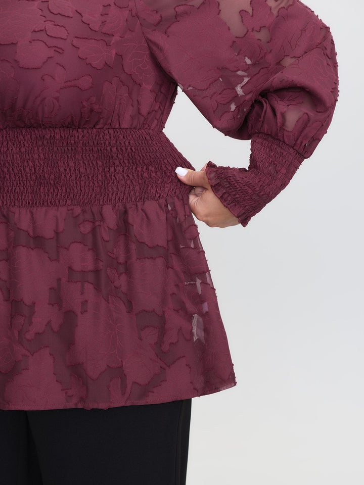 Laser Cut Shirred Waist Button Blouse