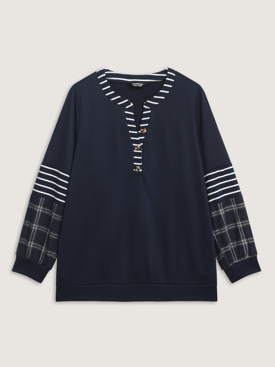 Striped Plaid Split Neckline Sweatshirt