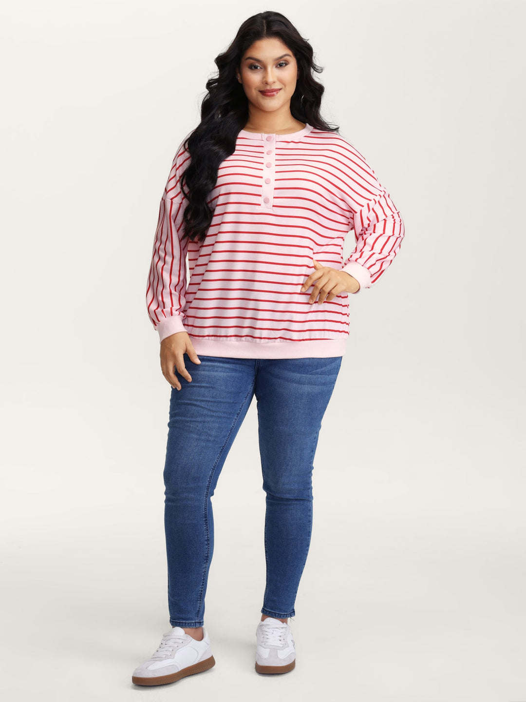 Stripe Snap Button Round Neck Sweatshirt