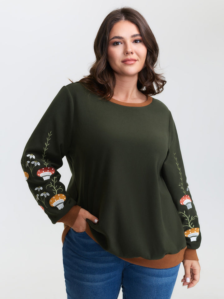 Plush Mushroom Embroidered Sleeve Sweatshirt