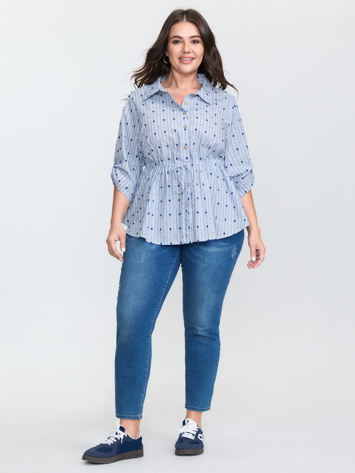 Cotton Striped Drawstring Waist Button-Down Shirt