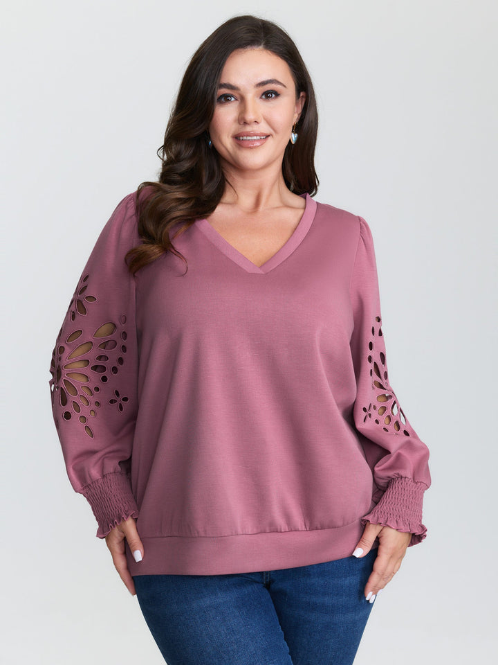 Cut-Out Embroidered Sleeve Rayon Sweatshirt