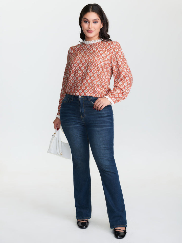 Retro Geometric Floral Print Round Neck Blouse