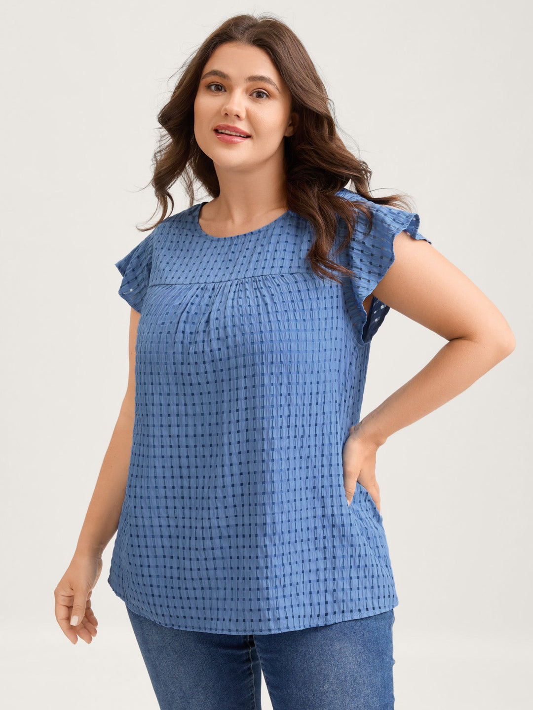 Textured Sheer Lined Flutter Sleeve Blouse