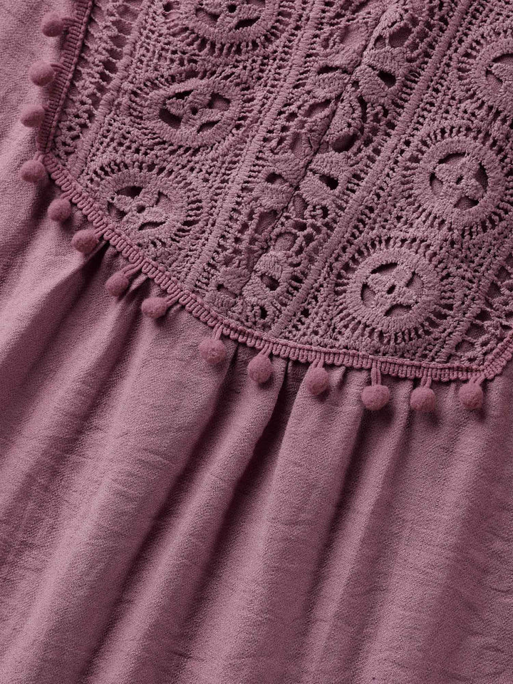Lace Neck Tie Flowy Solid Blouse