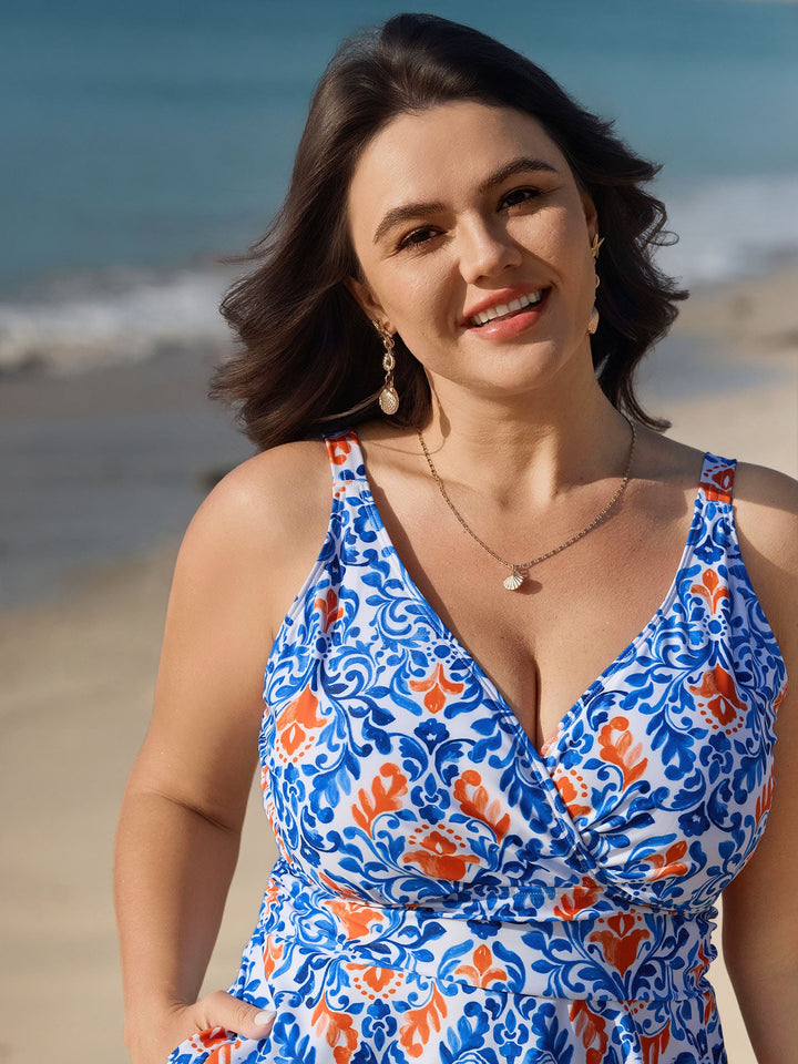 Breezy Print Pocket Surplice Swim Dress