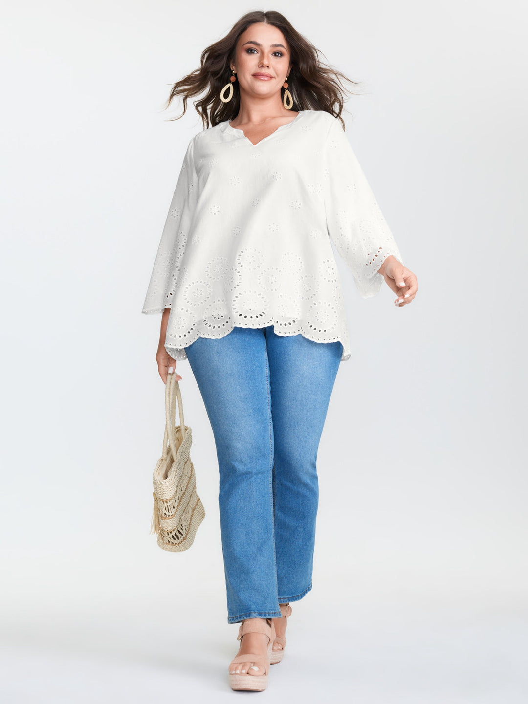 Floral Eyelet Trim Notched Collar Blouse