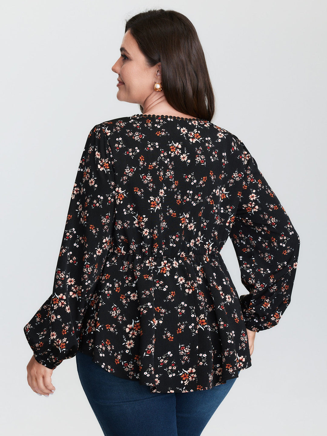 Floral Print Lace Cinched-Flared Blouse