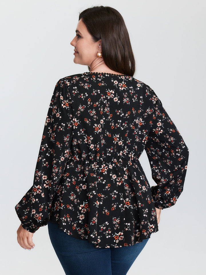 Floral Print Lace Cinched-Flared Blouse