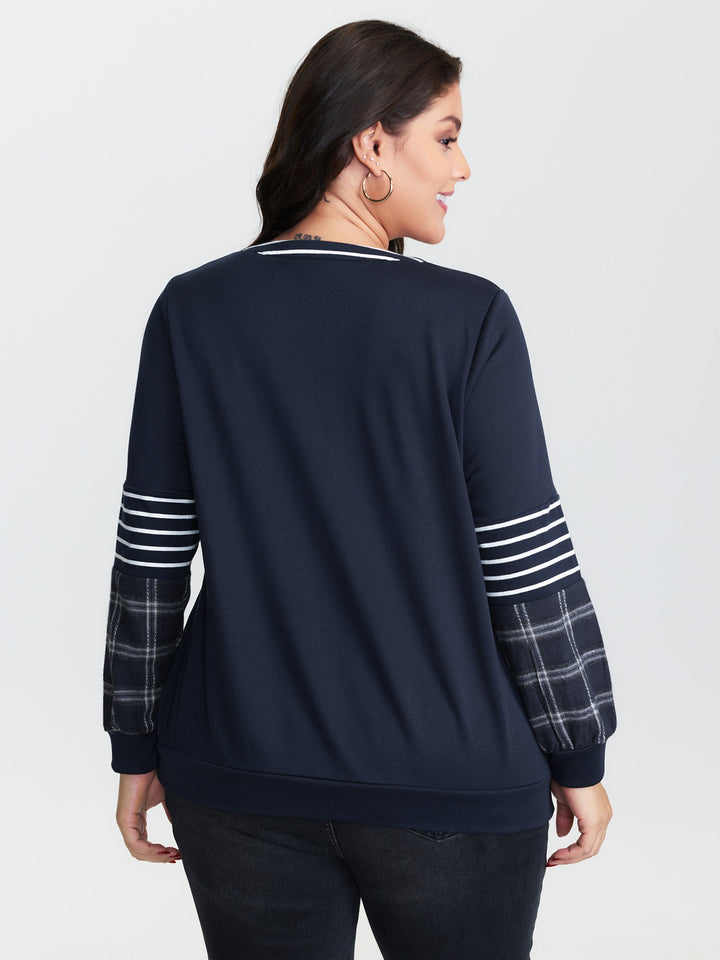 Striped Plaid Split Neckline Sweatshirt