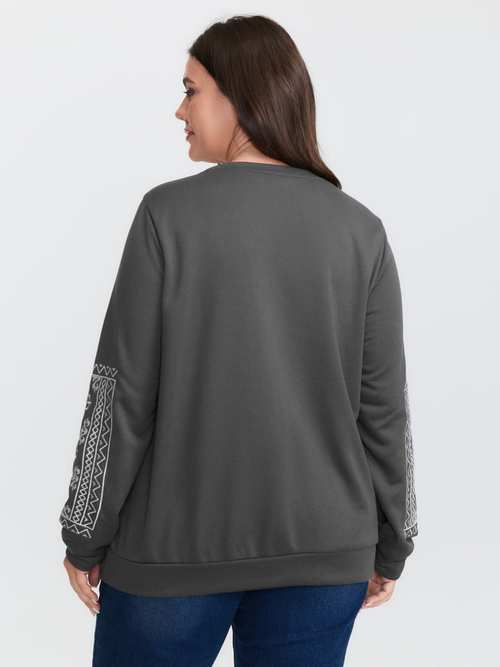 Boho Embroidered Sleeve V-Neck Sweatshirt