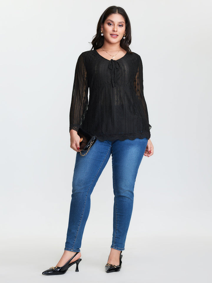 Lace Ruched Drawstring Neckline Knit Top