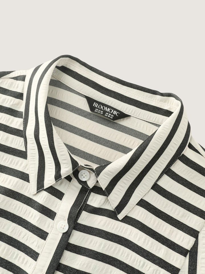 Striped Collar Textured Half-Placket Blouse