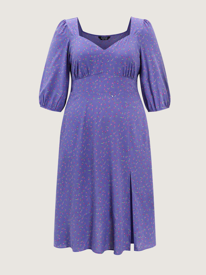Ditsy Floral Sweetheart Neck Shirred Waist Midi Dress