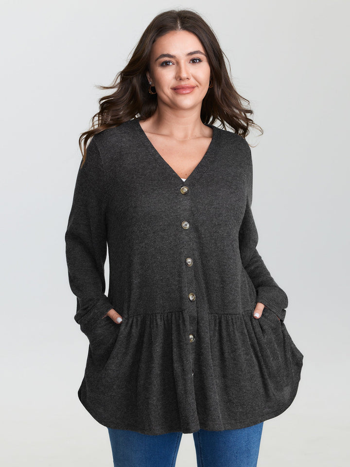 Textured Ruffled Hem Button Blouse