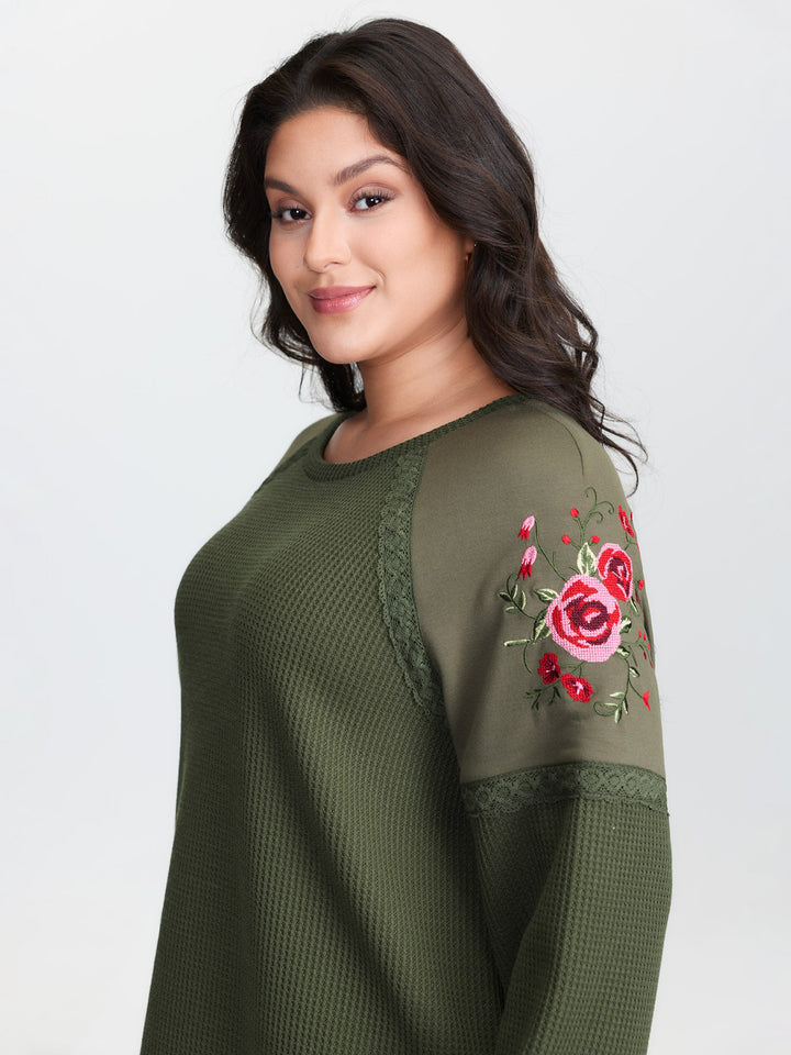 Crossstich Lace Trim Floral Embroidery Sweatshirt