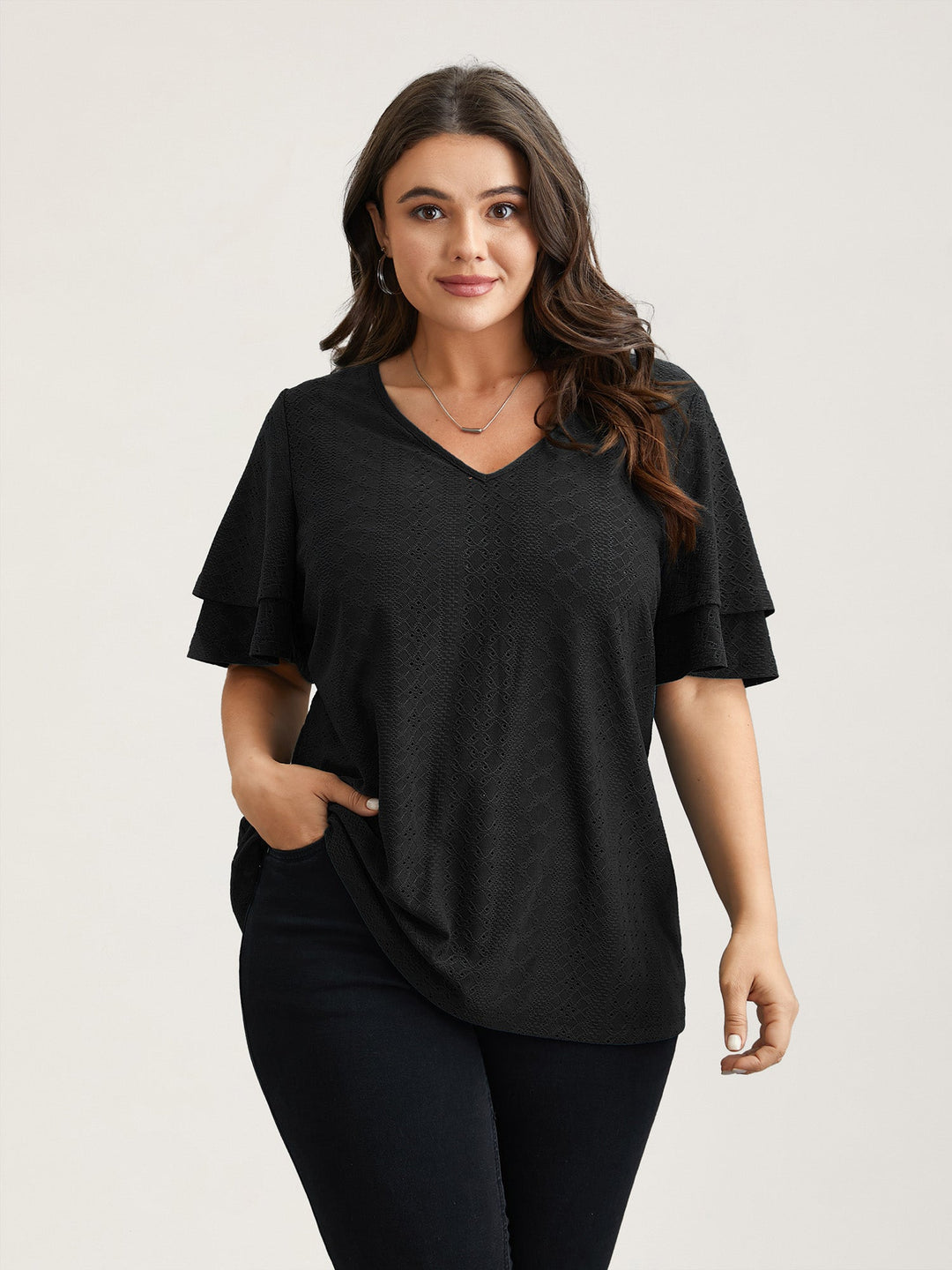 Jacquard Textured Lotus Leaf Sleeve Top