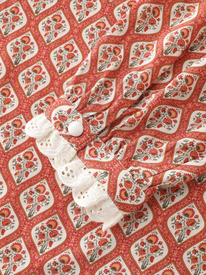 Retro Geometric Floral Print Round Neck Blouse