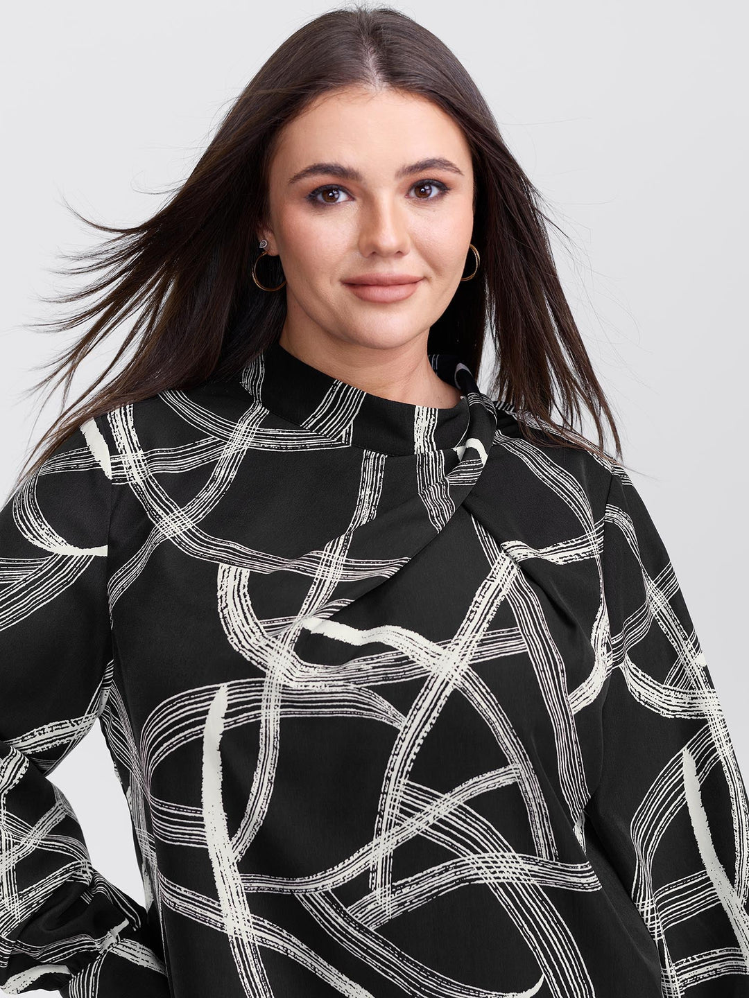 Abstract Print Drape Neckline Blouse