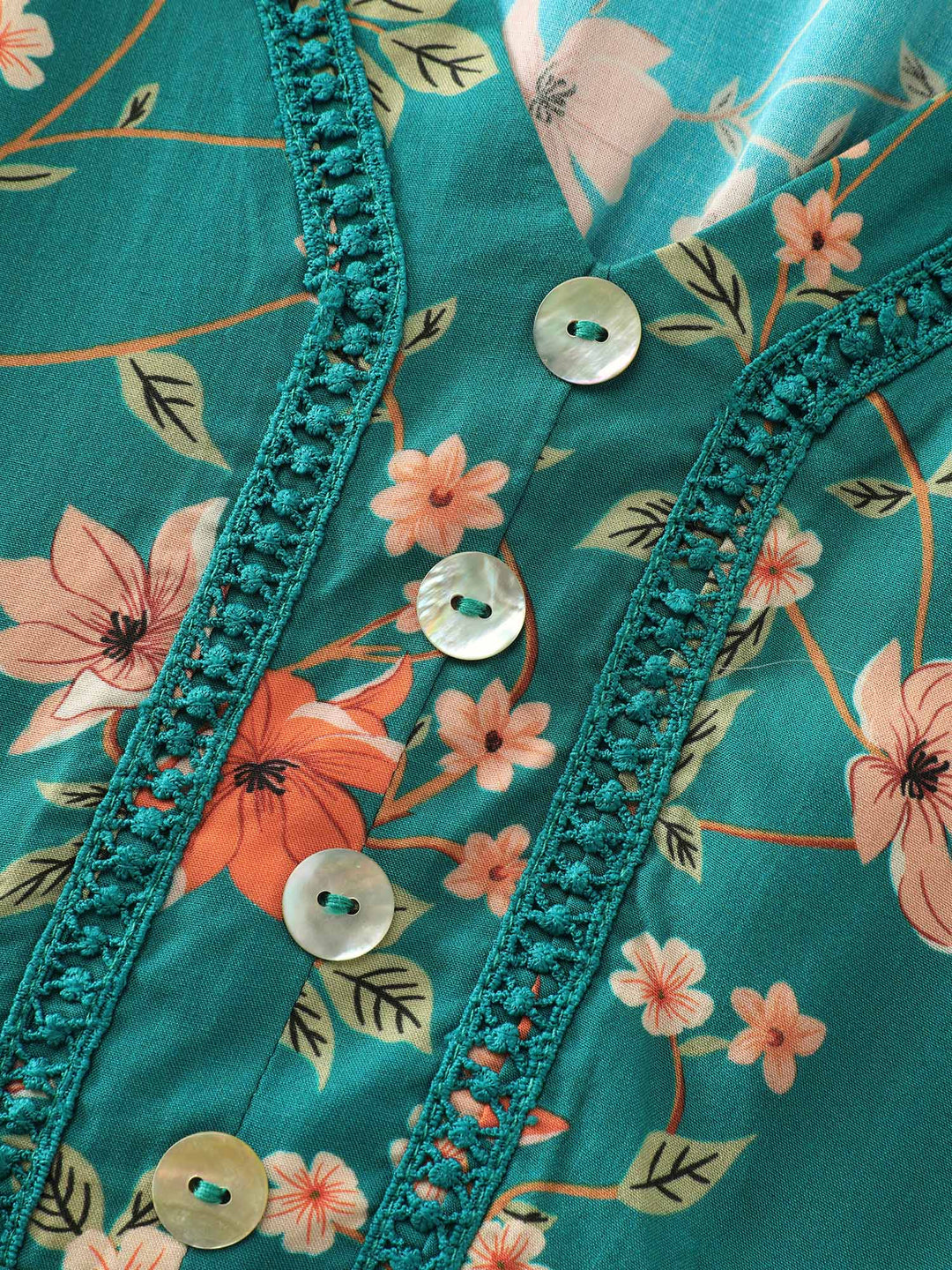 Floral Fun Lace Trim Shirred Midi Dress
