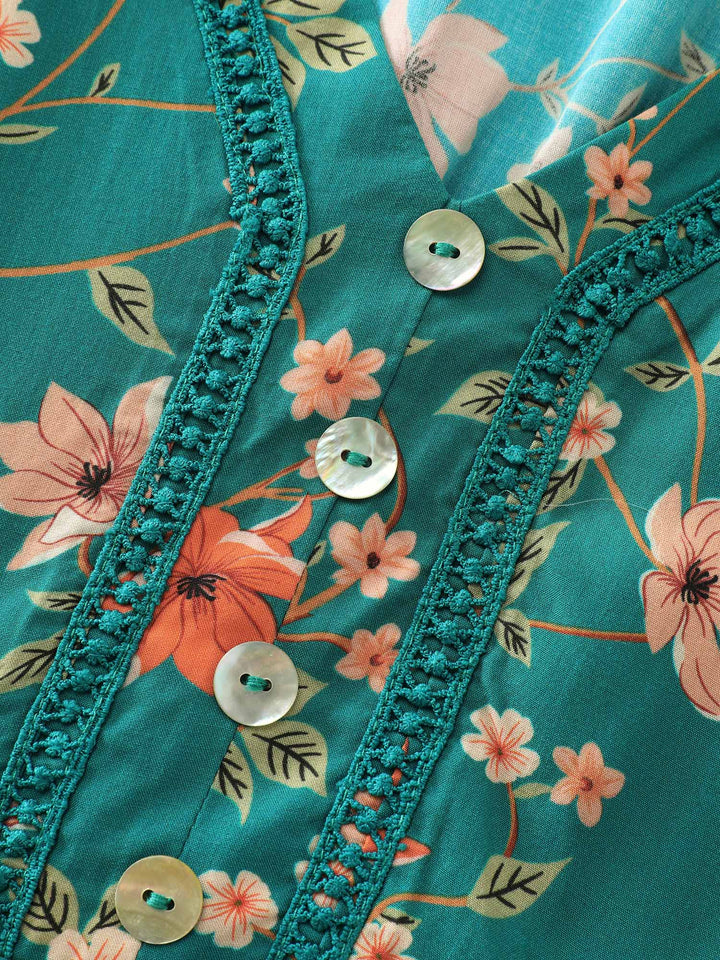 Floral Fun Lace Trim Shirred Midi Dress