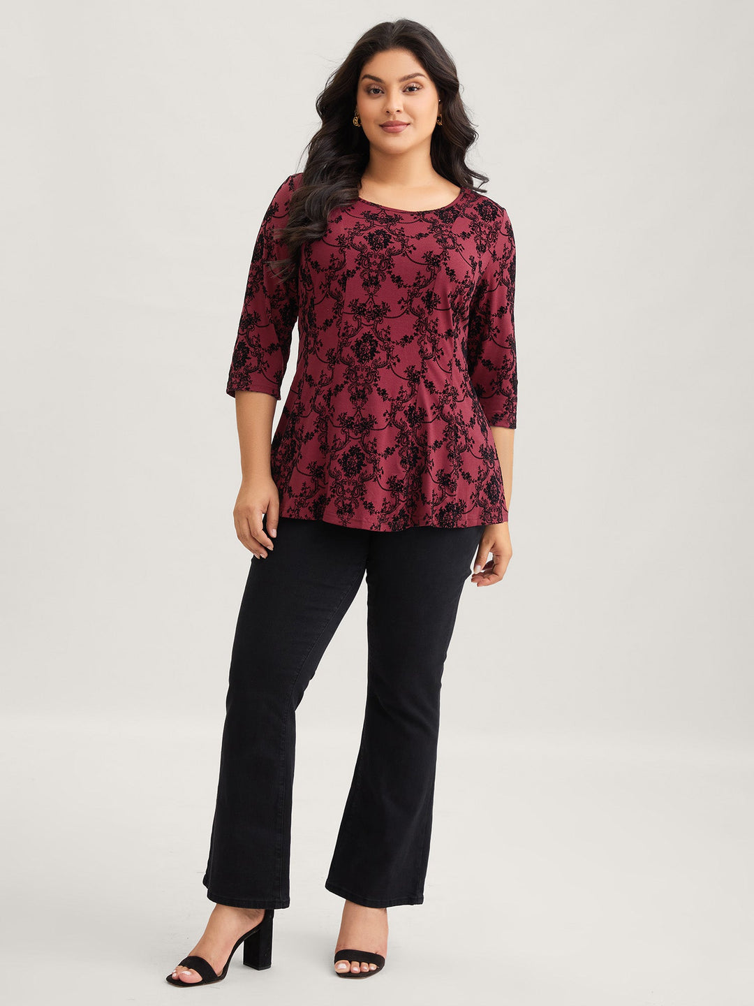 Boho Print Flocking Knit Slim-Fit Top