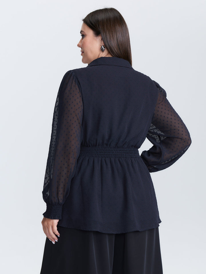 Textured Polka Dots Shirred Sheer Blouse