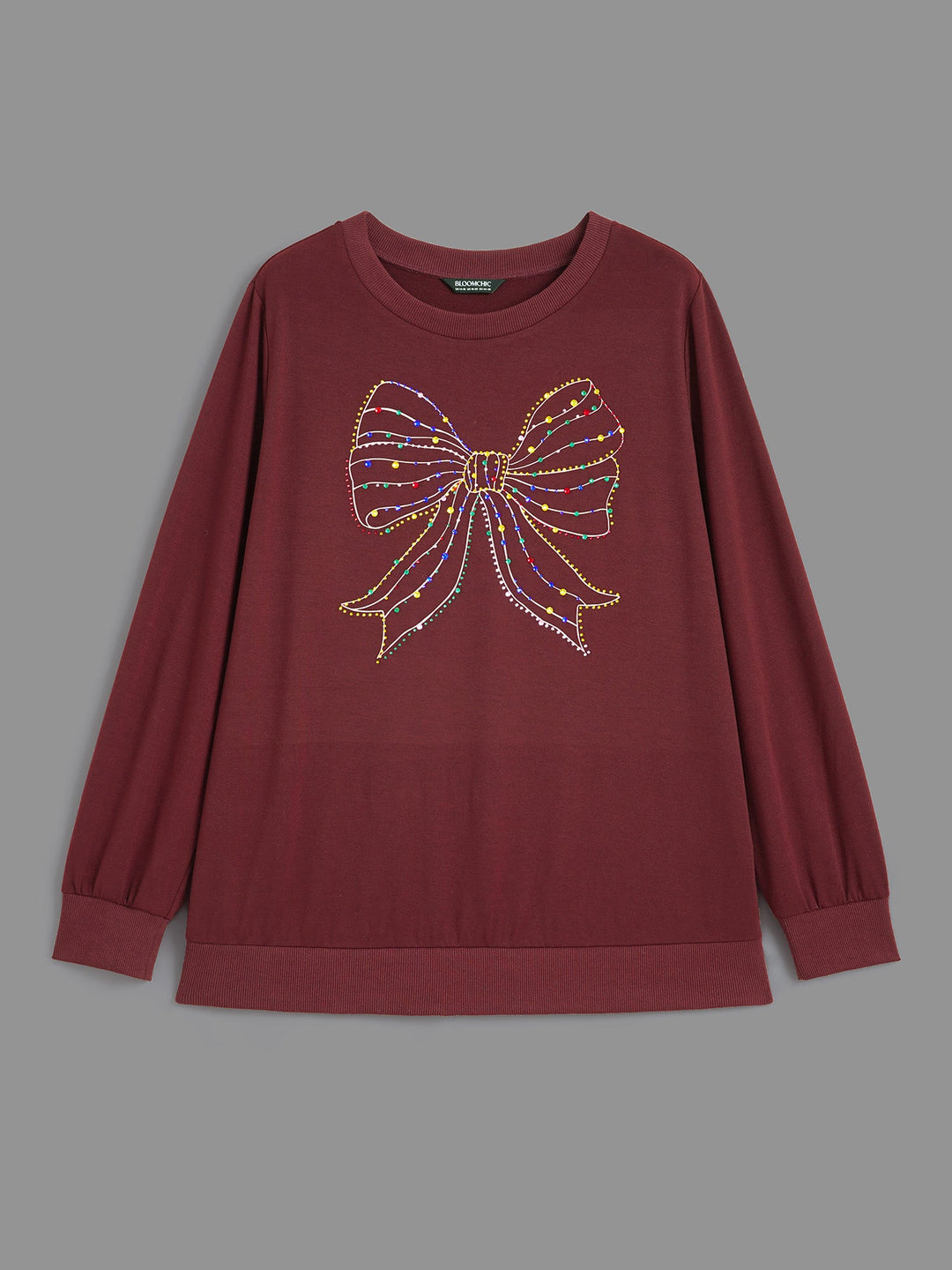 Rhinestone Embellished Bow Straight-Fit Sweatshirt